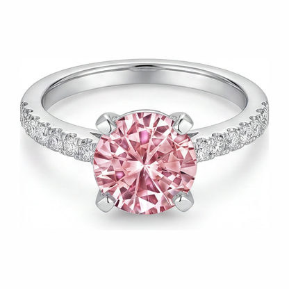 3.5 Carat Round Pink Lab Grown Diamond and White Diamond Pave Ring 14K White Gold