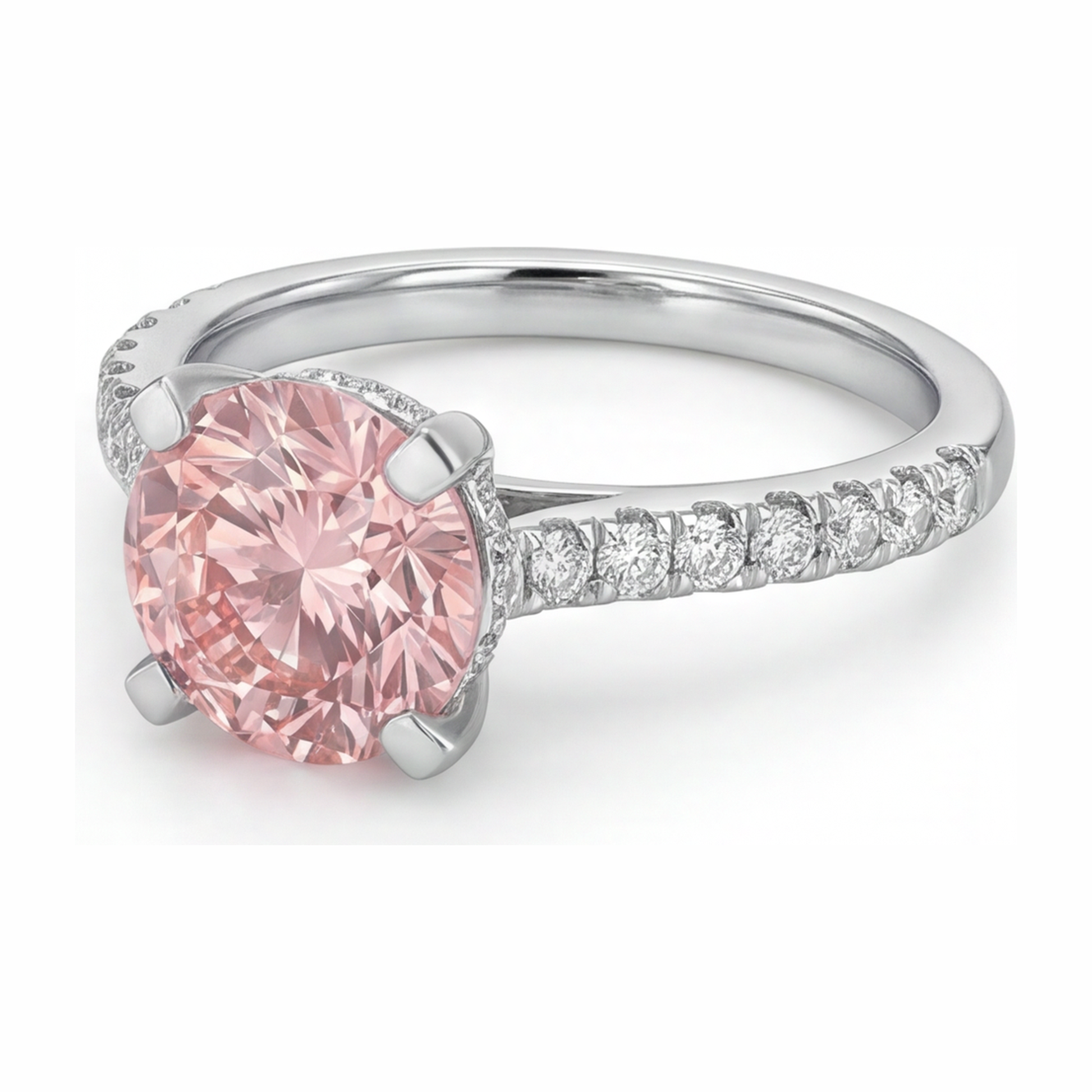 3.5 Carat Round Pink Lab Grown Diamond and White Diamond Pave Ring 14K White Gold