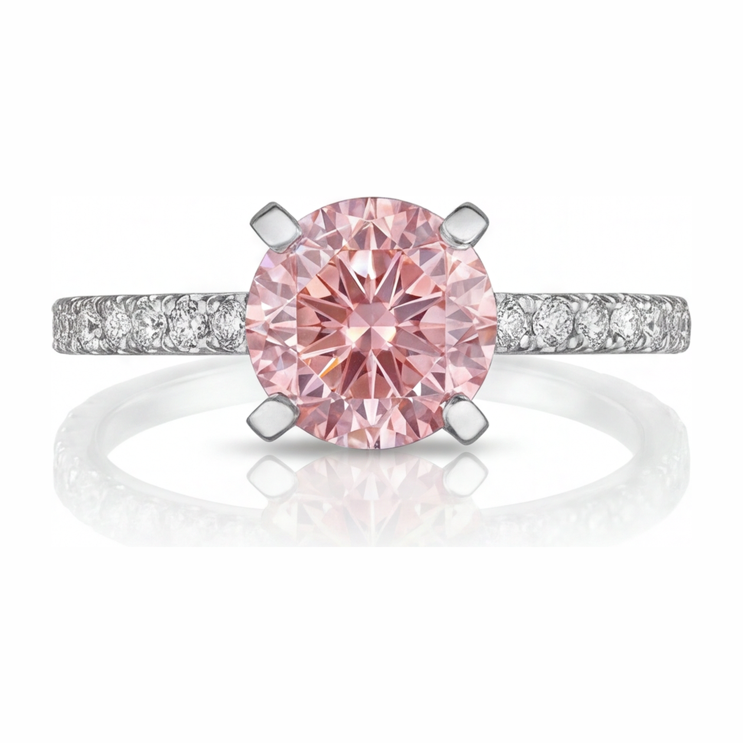 3.5 Carat Round Pink Lab Grown Diamond and White Diamond Pave Ring 14K White Gold