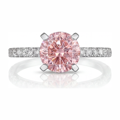 3.5 Carat Round Pink Lab Grown Diamond and White Diamond Pave Ring 14K White Gold