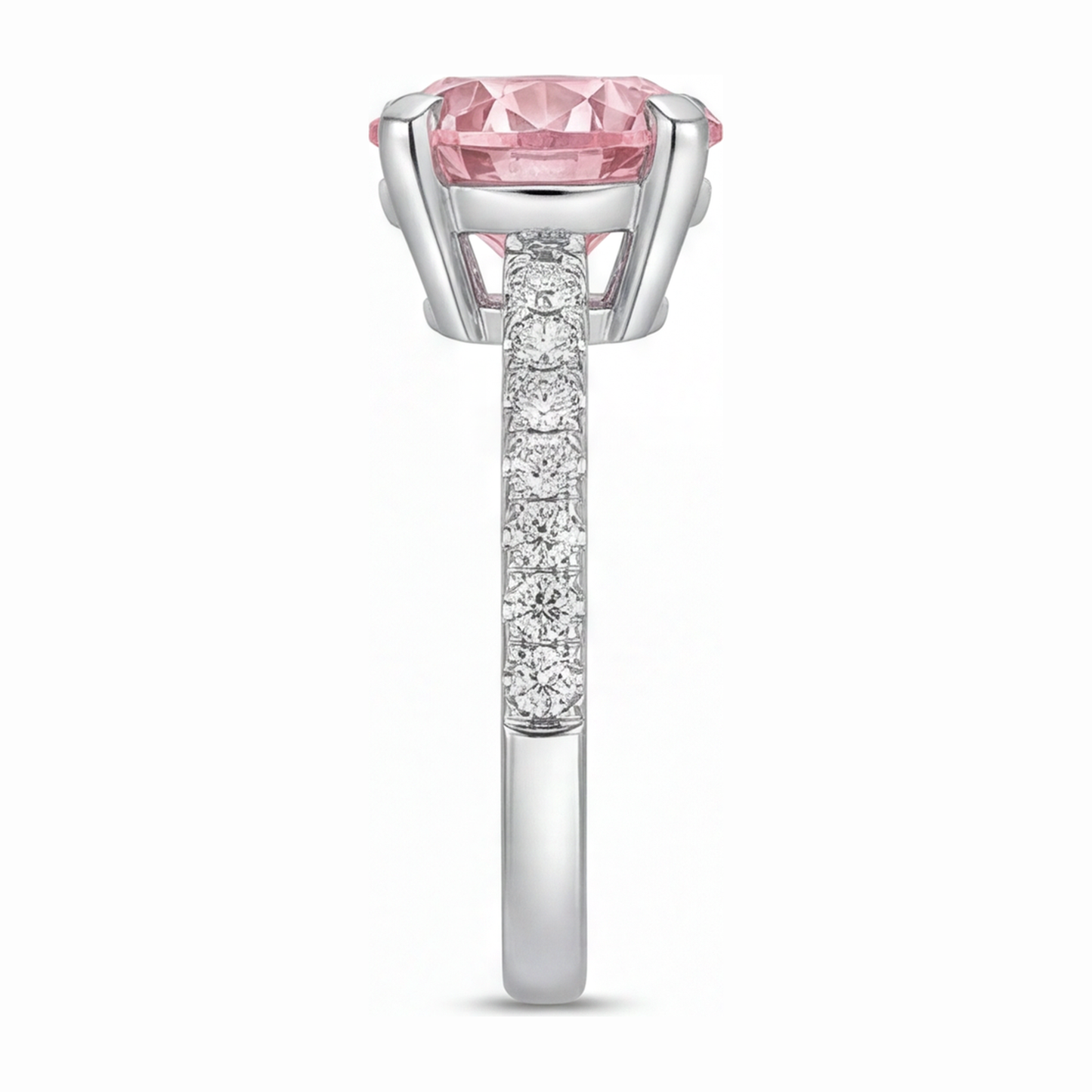 3.5 Carat Round Pink Lab Grown Diamond and White Diamond Pave Ring 14K White Gold