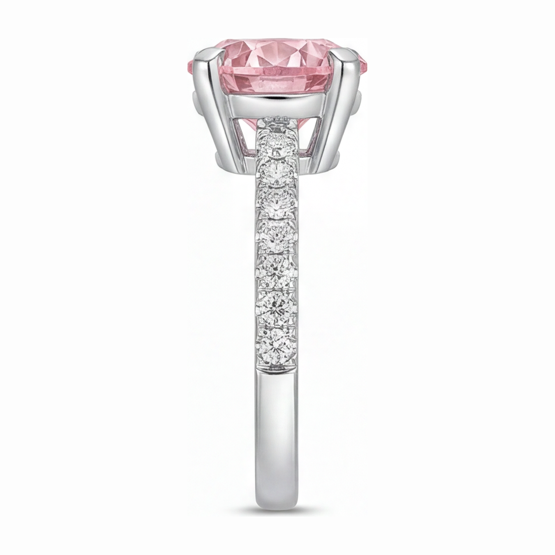 3.5 Carat Round Pink Lab Grown Diamond and White Diamond Pave Ring 14K White Gold