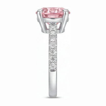 3.5 Carat Round Pink Lab Grown Diamond and White Diamond Pave Ring 14K White Gold