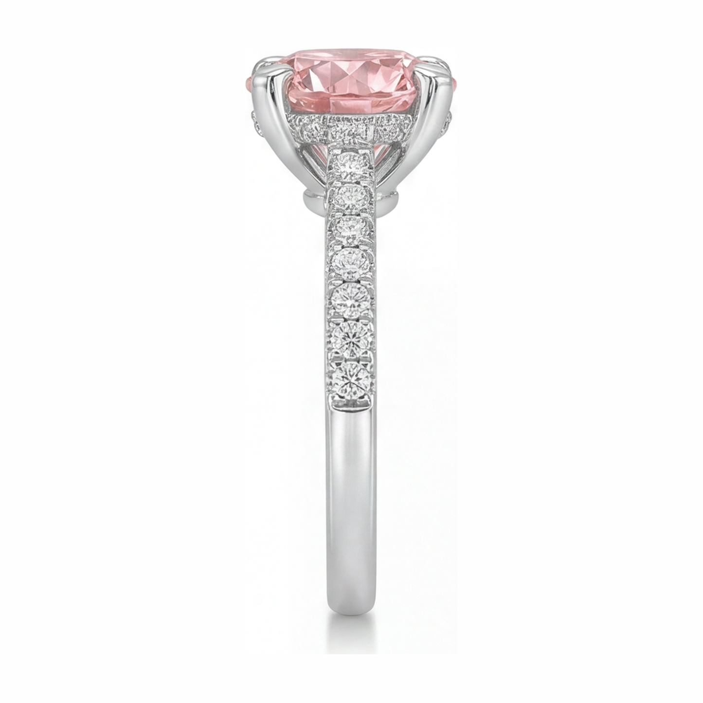3.5 Carat Round Pink Lab Grown Diamond and White Diamond Pave Ring 14K White Gold
