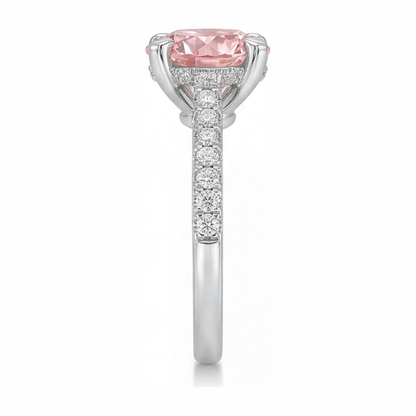 3.5 Carat Round Pink Lab Grown Diamond and White Diamond Pave Ring 14K White Gold