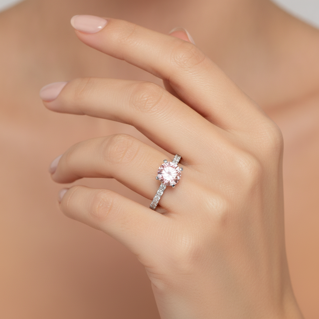 3.5 Carat Round Pink Lab Grown Diamond and White Diamond Pave Ring 14K White Gold worn