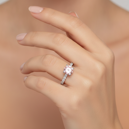 3.5 Carat Round Pink Lab Grown Diamond and White Diamond Pave Ring 14K White Gold worn