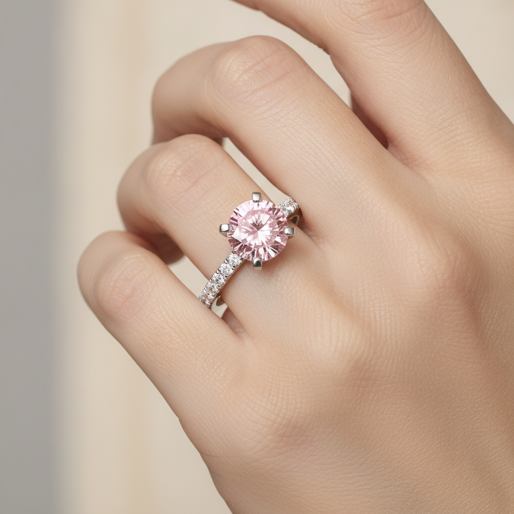 3.5 Carat Round Pink Lab Grown Diamond and White Diamond Pave Ring 14K White Gold worn