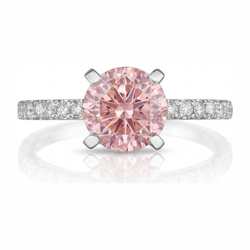 3.5 Carat Round Pink Lab Grown Diamond and White Diamond Pave Ring 14K White Gold