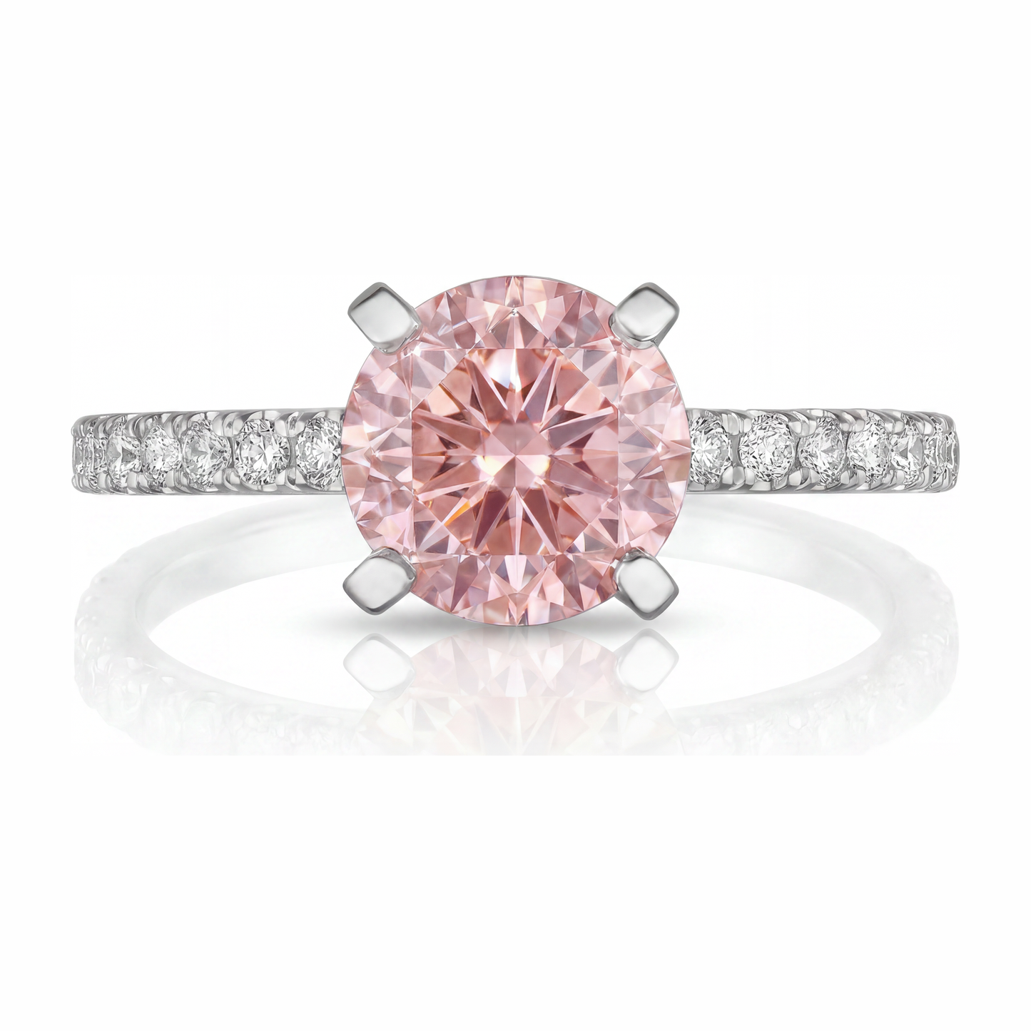 3.5 Carat Round Pink Lab Grown Diamond and White Diamond Pave Ring 14K White Gold