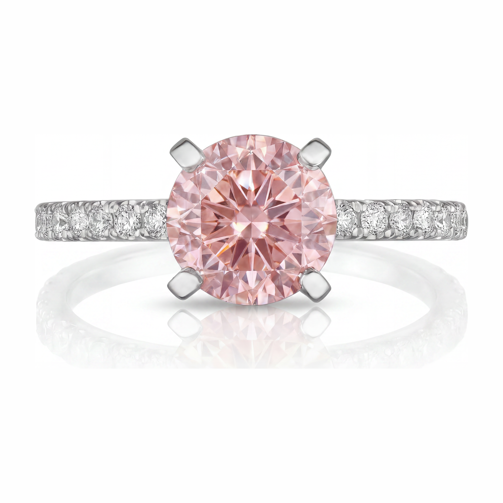 3.5 Carat Round Pink Lab Grown Diamond and White Diamond Pave Ring 14K White Gold