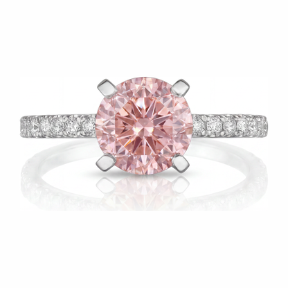 3.5 Carat Round Pink Lab Grown Diamond and White Diamond Pave Ring 14K White Gold