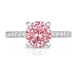 3.5 Carat Round Pink Lab Grown Diamond and White Diamond Pave Ring 14K White Gold