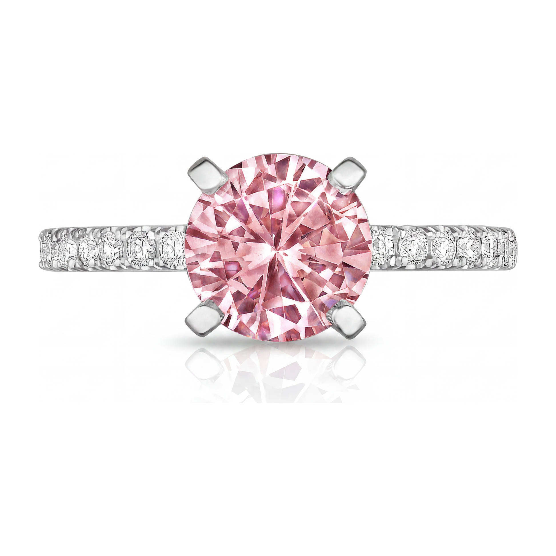 3.5 Carat Round Pink Lab Grown Diamond and White Diamond Pave Ring 14K White Gold