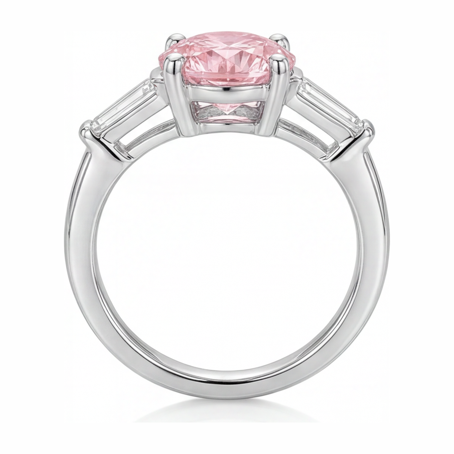 3.5 Carat Round Pink Lab Grown Diamond and White Diamond Three Stone Ring 14K White Gold