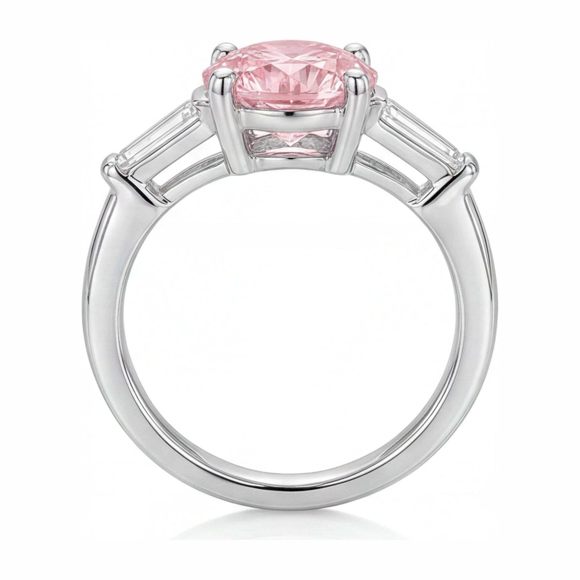 3.5 Carat Round Pink Lab Grown Diamond and White Diamond Three Stone Ring 14K White Gold