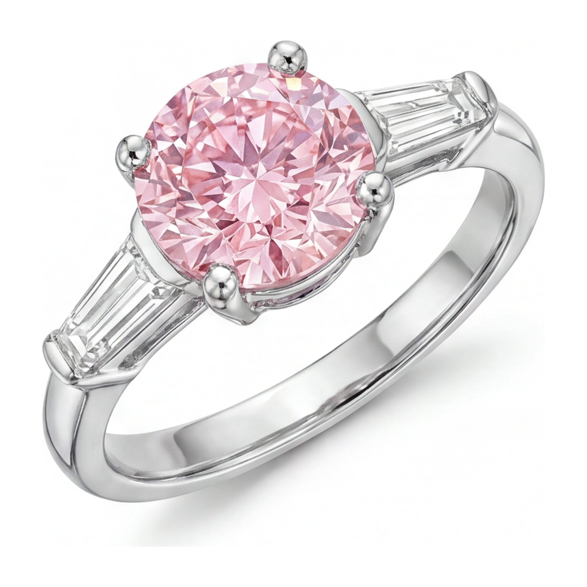 3.5 Carat Round Pink Lab Grown Diamond and White Diamond Three Stone Ring 14K White Gold
