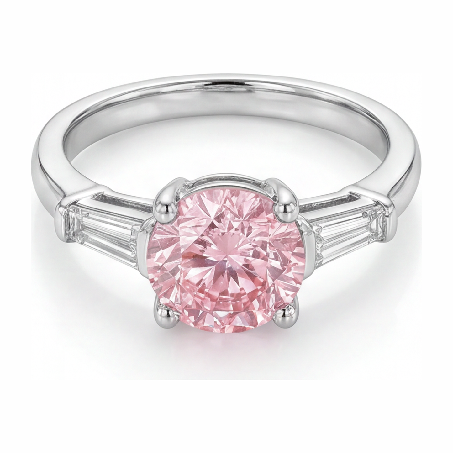 3.5 Carat Round Pink Lab Grown Diamond and White Diamond Three Stone Ring 14K White Gold