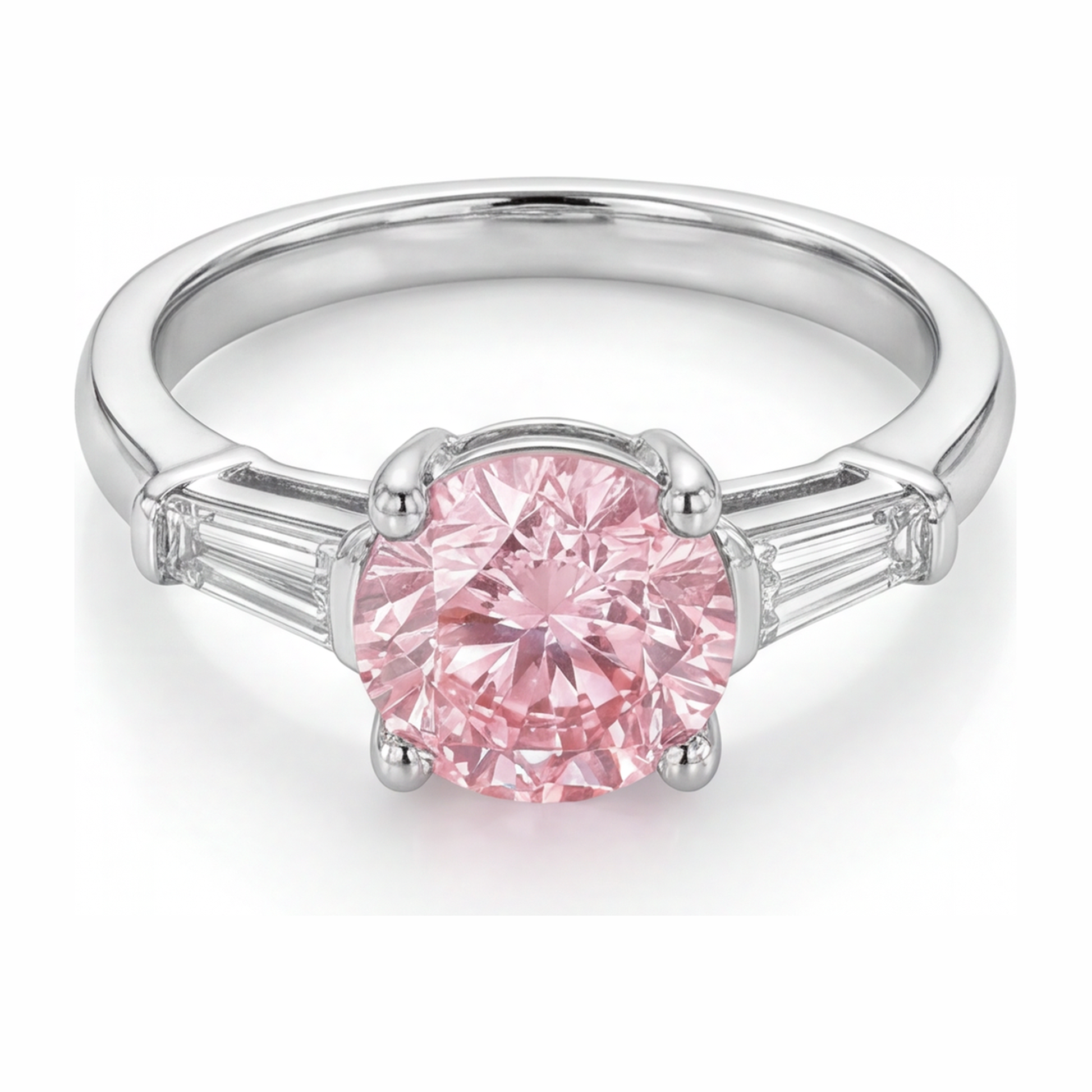 3.5 Carat Round Pink Lab Grown Diamond and White Diamond Three Stone Ring 14K White Gold