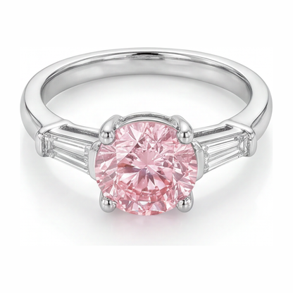 3.5 Carat Round Pink Lab Grown Diamond and White Diamond Three Stone Ring 14K White Gold