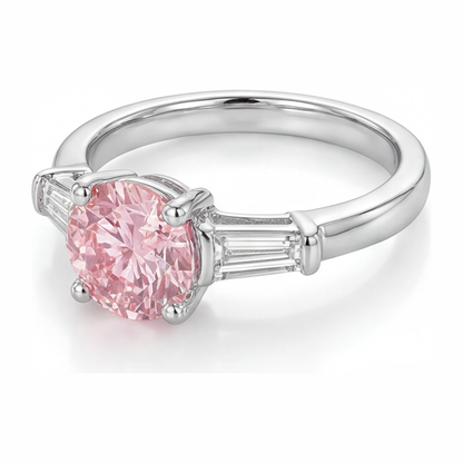 3.5 Carat Round Pink Lab Grown Diamond and White Diamond Three Stone Ring 14K White Gold