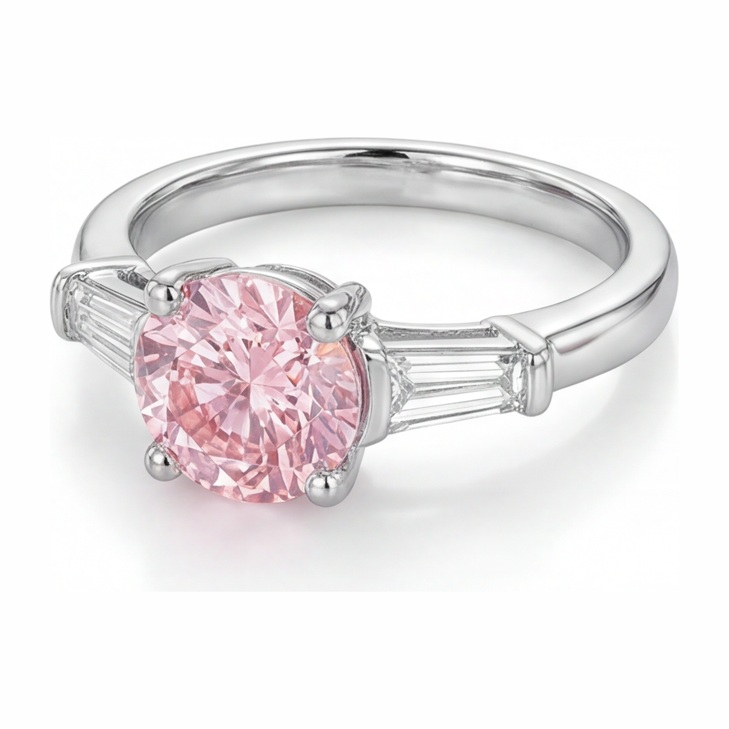 3.5 Carat Round Pink Lab Grown Diamond and White Diamond Three Stone Ring 14K White Gold