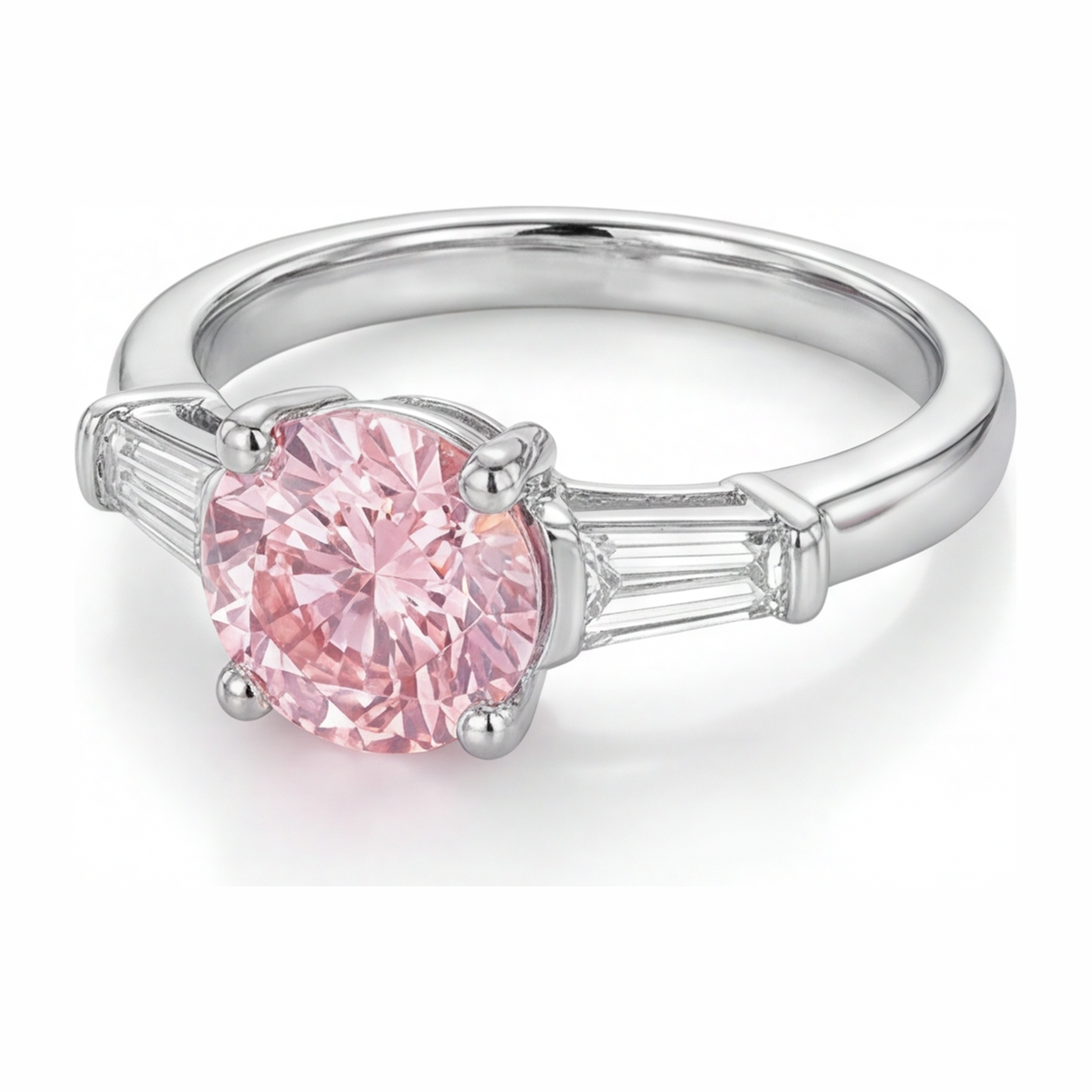 3.5 Carat Round Pink Lab Grown Diamond and White Diamond Three Stone Ring 14K White Gold