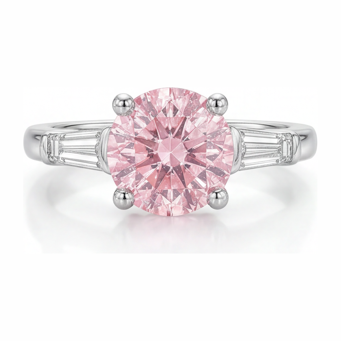 3.5 Carat Round Pink Lab Grown Diamond and White Diamond Three Stone Ring 14K White Gold