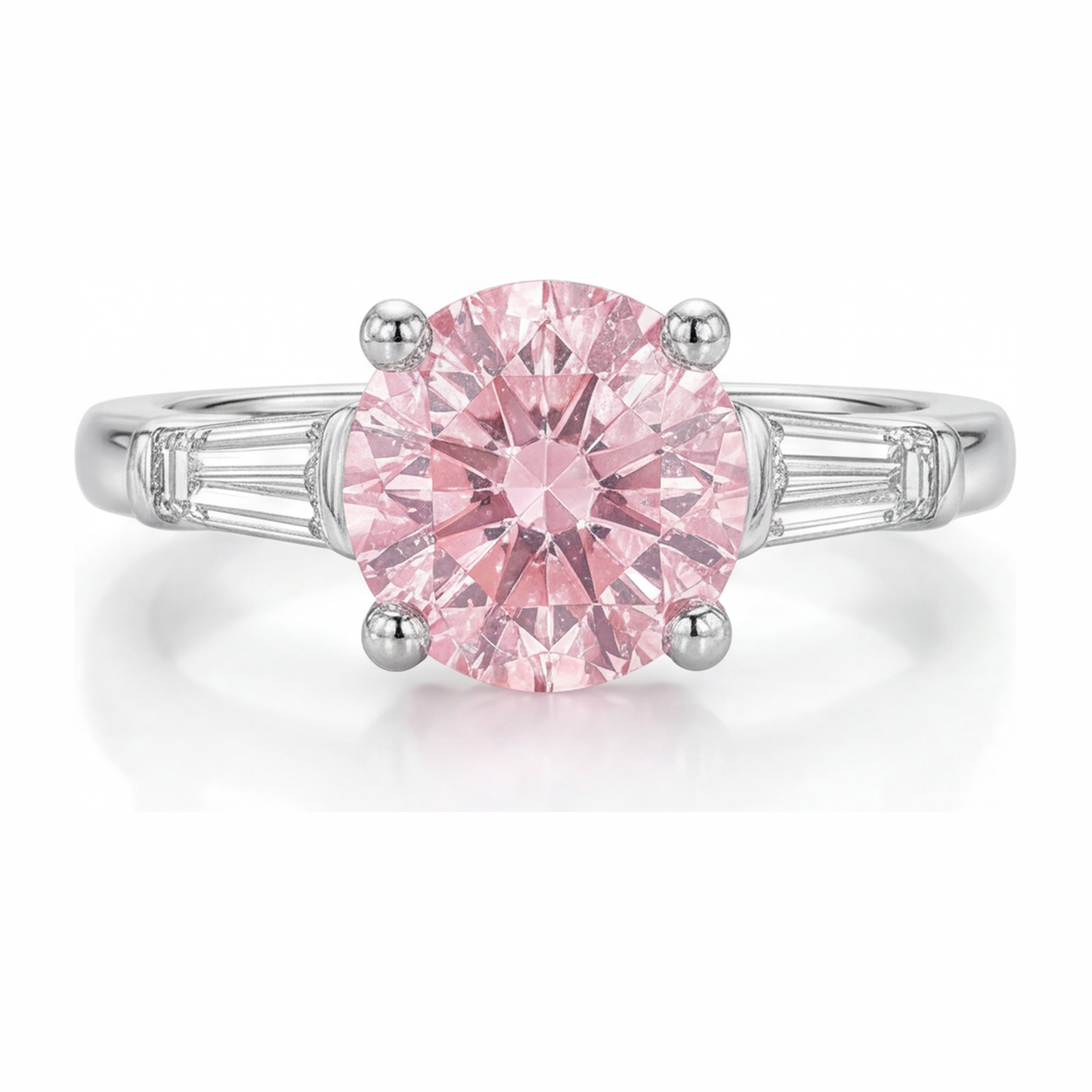 3.5 Carat Round Pink Lab Grown Diamond and White Diamond Three Stone Ring 14K White Gold