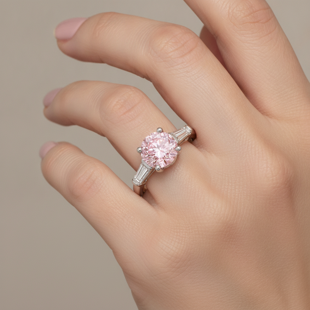 3.5 Carat Round Pink Lab Grown Diamond and White Diamond Three Stone Ring 14K White Gold worn