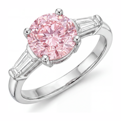 3.5 Carat Round Pink Lab Grown Diamond and White Diamond Three Stone Ring 14K White Gold