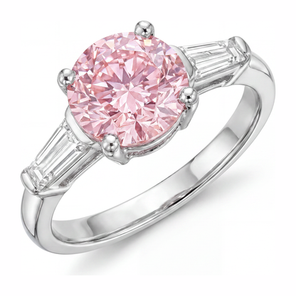 3.5 Carat Round Pink Lab Grown Diamond and White Diamond Three Stone Ring 14K White Gold