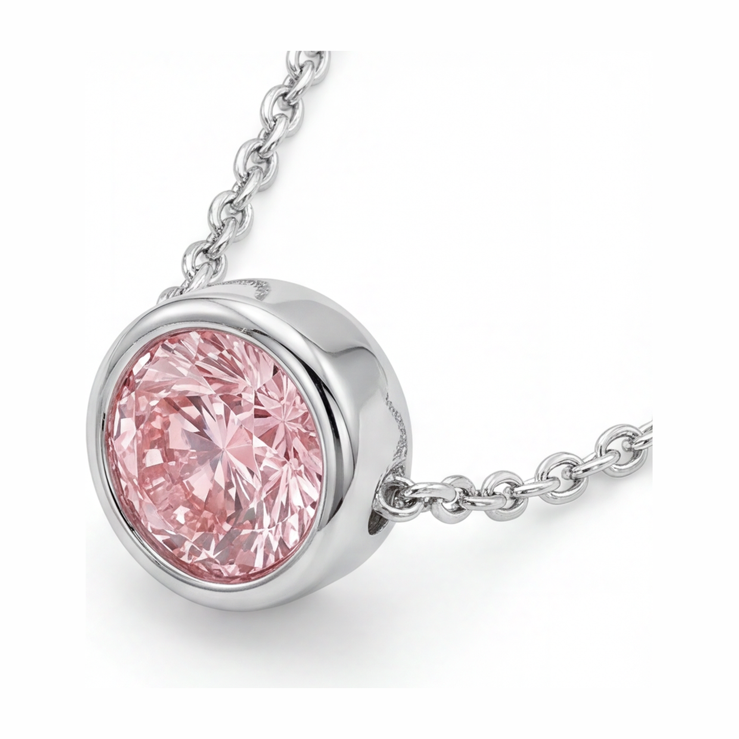3.5 Carat Round Pink Lab Grown Diamond Bezel Pendant 14K White Gold