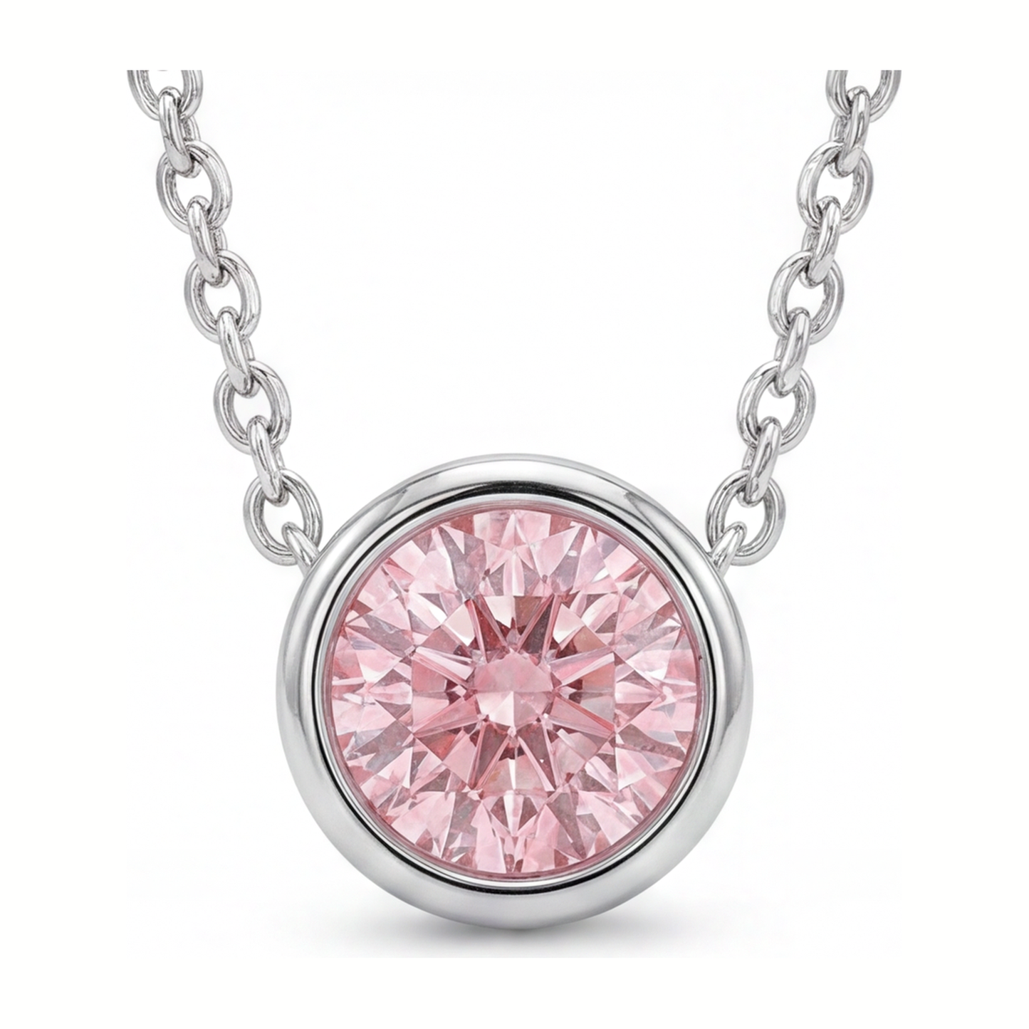 3.5 Carat Round Pink Lab Grown Diamond Bezel Pendant 14K White Gold