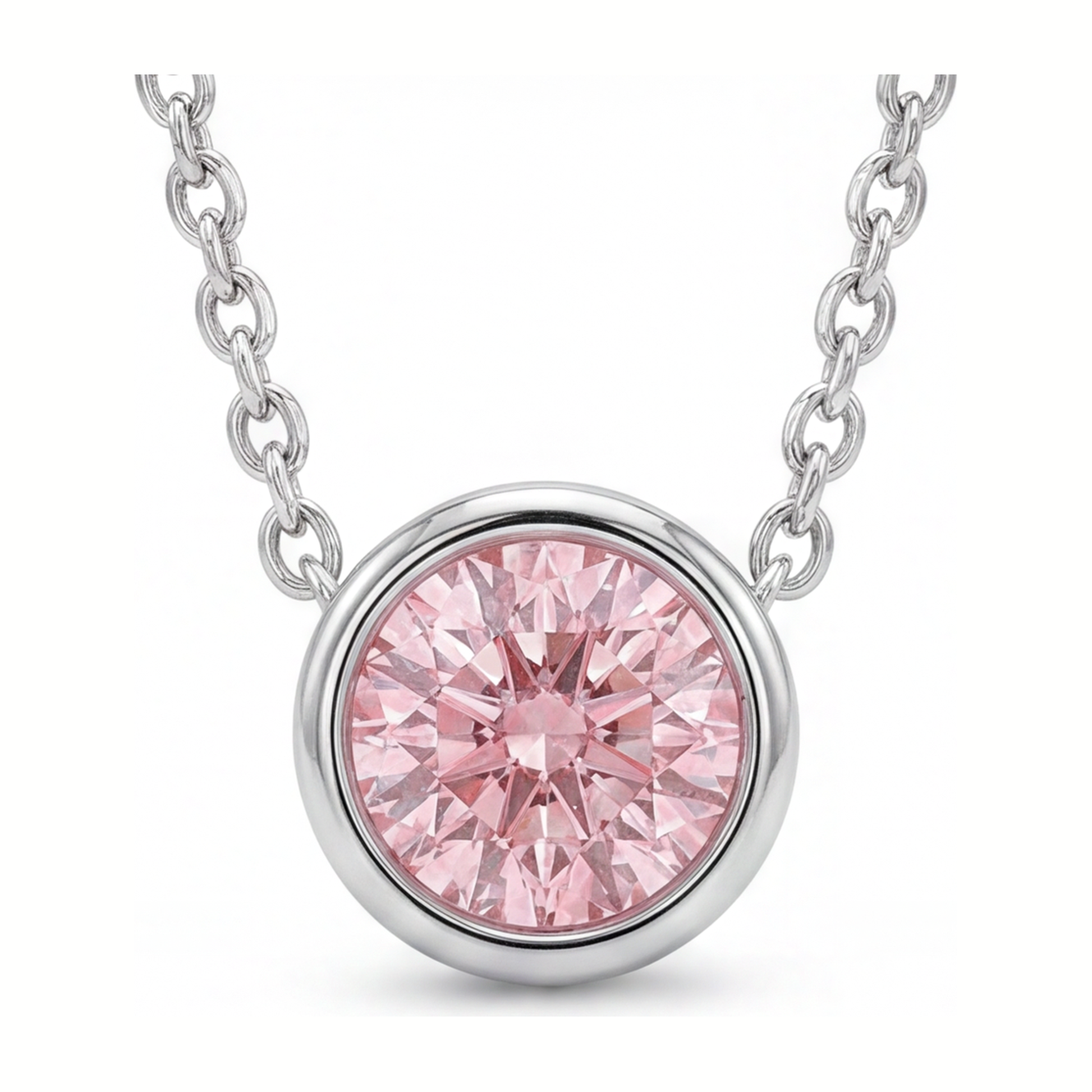 3.5 Carat Round Pink Lab Grown Diamond Bezel Pendant 14K White Gold