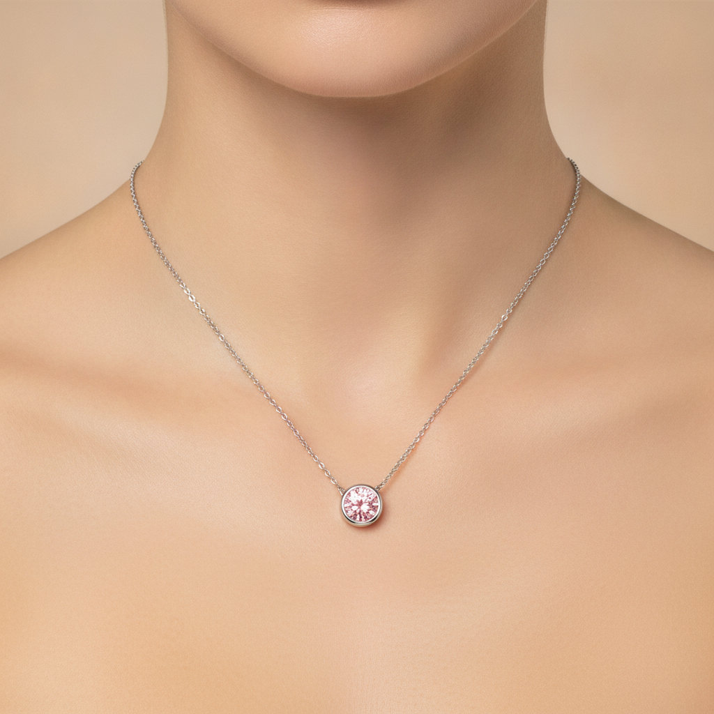 3.5 Carat Round Pink Lab Grown Diamond Bezel Pendant 14K White Gold worn