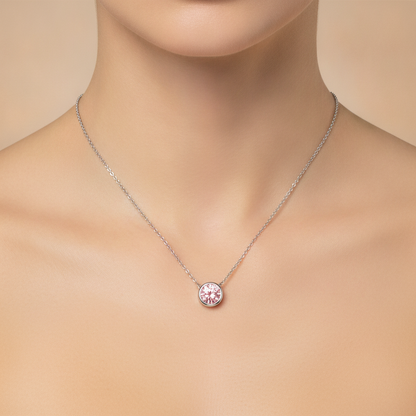 3.5 Carat Round Pink Lab Grown Diamond Bezel Pendant 14K White Gold worn