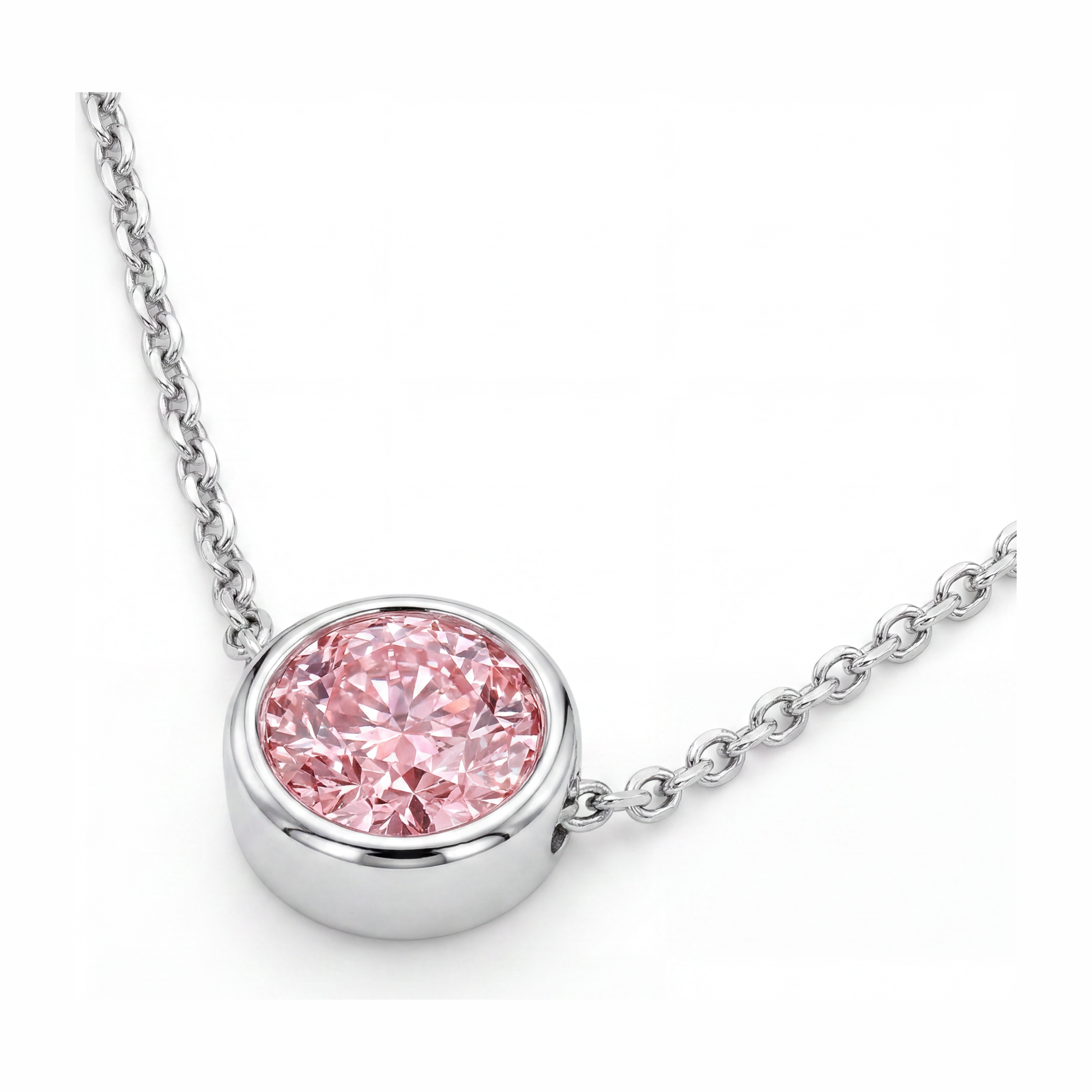 3.5 Carat Round Pink Lab Grown Diamond Bezel Pendant 14K White Gold