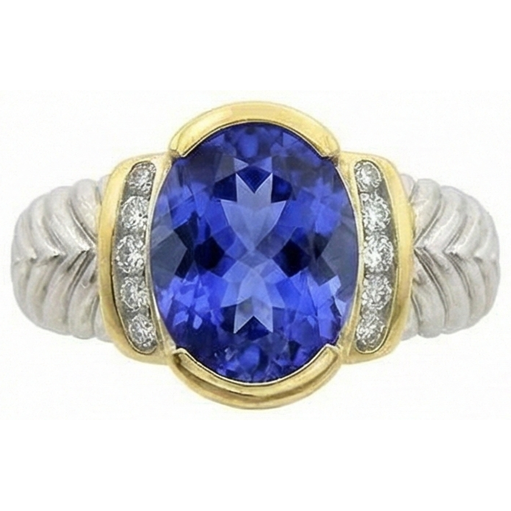 3.50 Carat Oval Tanzanite Sparkling Natural Earth Mined Diamonds Ring New Two Tone
