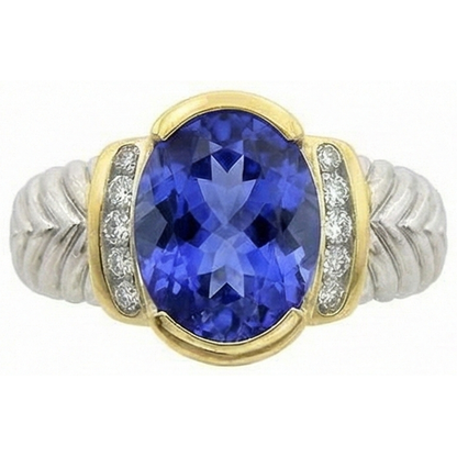 3.50 Carat Oval Tanzanite Sparkling Natural Earth Mined Diamonds Ring New Two Tone