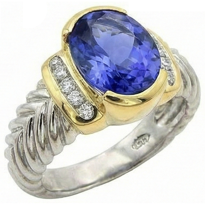 3.50 Carat Oval Tanzanite Sparkling Natural Earth Mined Diamonds Ring New Two Tone
