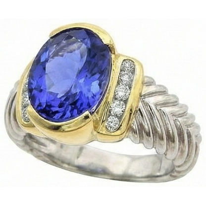 3.50 Carat Oval Tanzanite Sparkling Natural Earth Mined Diamonds Ring New Two Tone