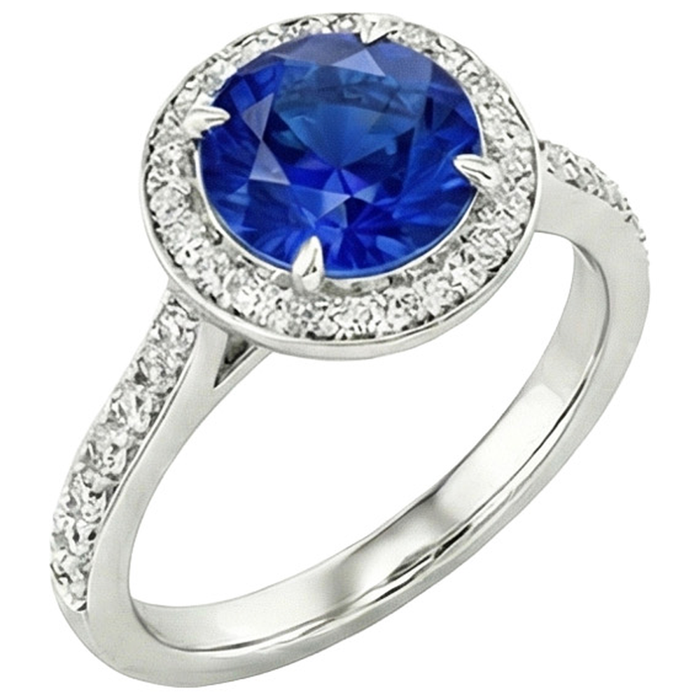 3.50 Carats Ceylon Sapphire And Natural Earth Mined Diamonds Ring White Gold 14K