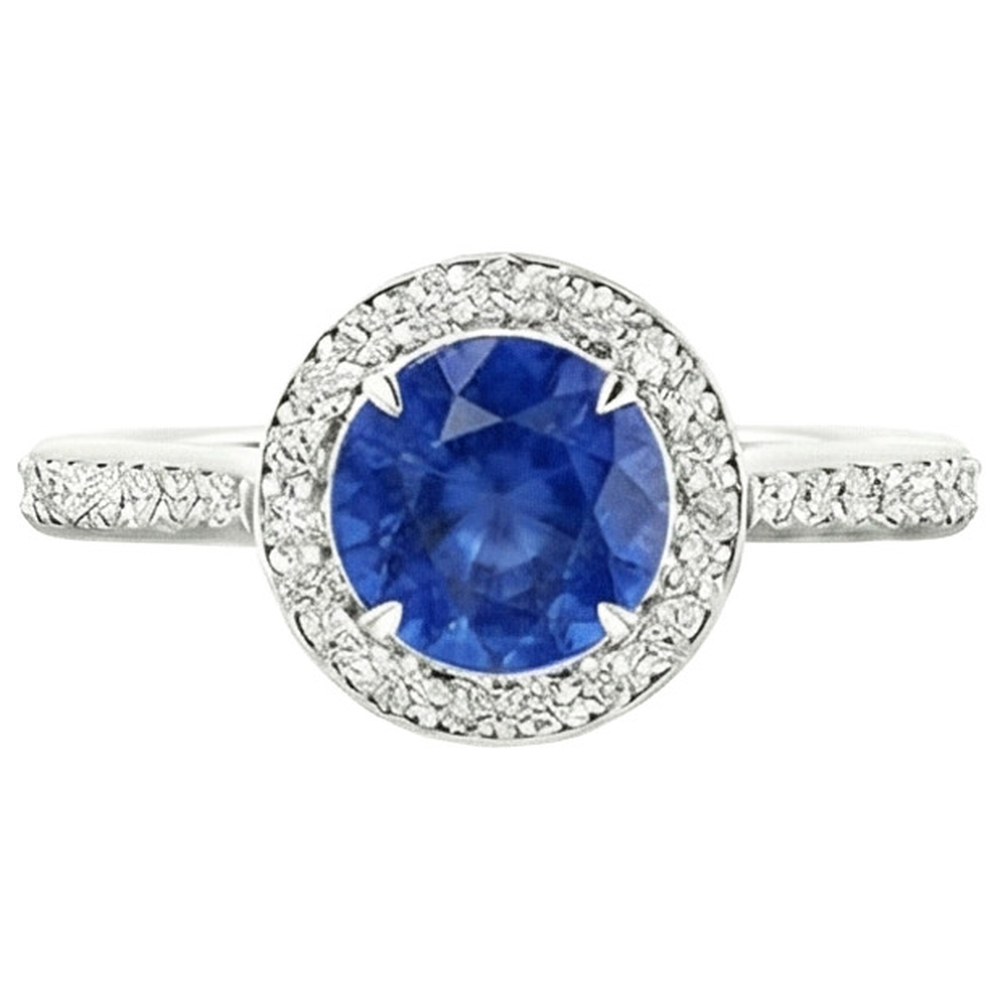 3.50 Carats Ceylon Sapphire And Natural Earth Mined Diamonds Ring White Gold 14K