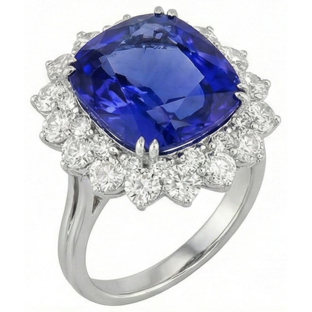 3.50 Carats Cushion Tanzanite & Natural Earth Mined Diamond Ring White Gold 14K