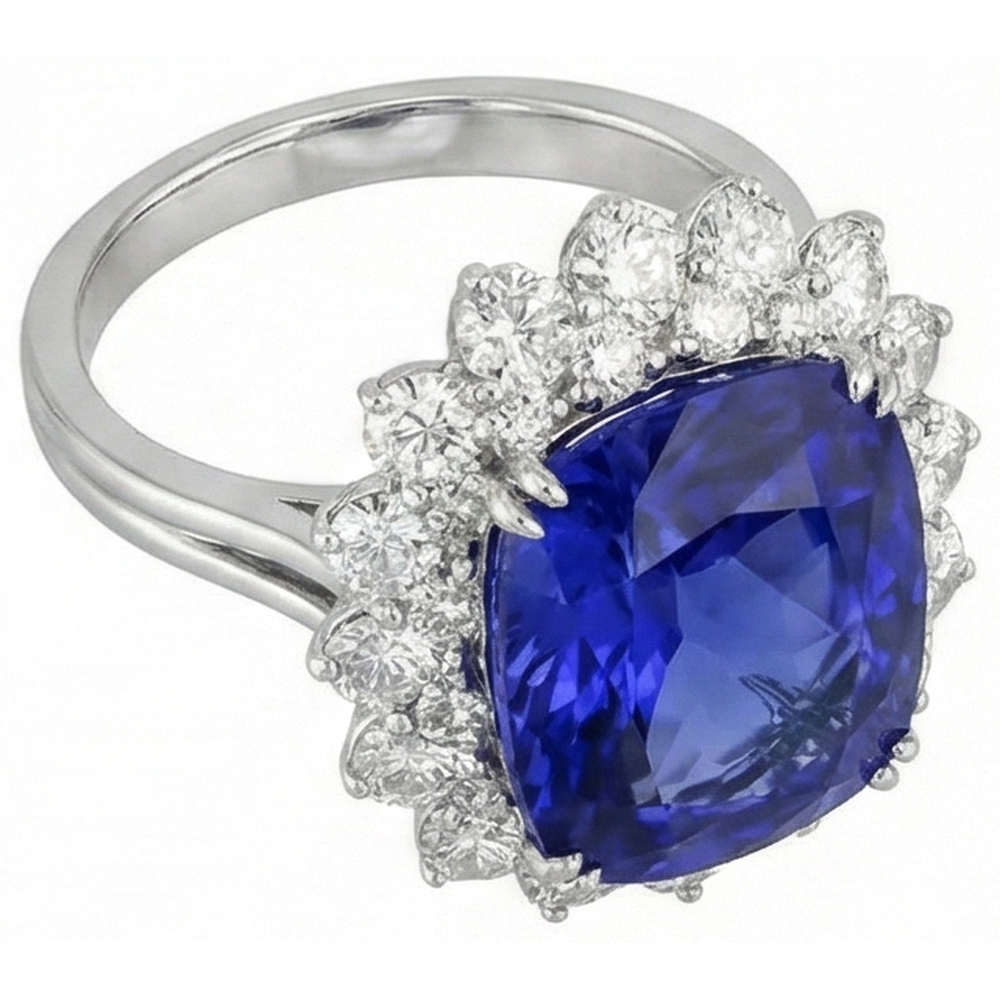 3.50 Carats Cushion Tanzanite & Natural Earth Mined Diamond Ring White Gold 14K