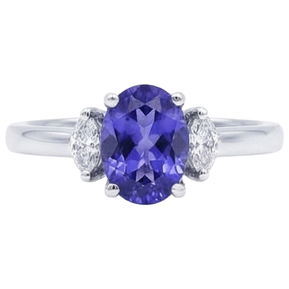 3.50 Carats Three Stone Tanzanite With Natural Earth Mined Diamonds Ring White Gold 14K