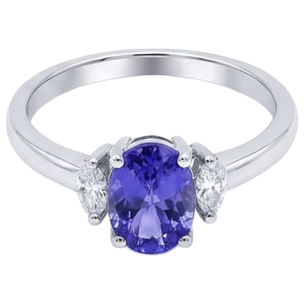 3.50 Carats Three Stone Tanzanite With Natural Earth Mined Diamonds Ring White Gold 14K