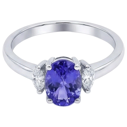 3.50 Carats Three Stone Tanzanite With Natural Earth Mined Diamonds Ring White Gold 14K