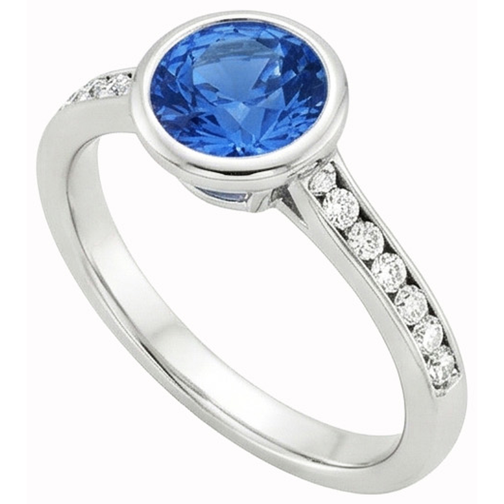 3.50 Ct Bezel Set Round Ceylon Sapphire & Natural Earth Mined Diamonds Ring White Gold 14K